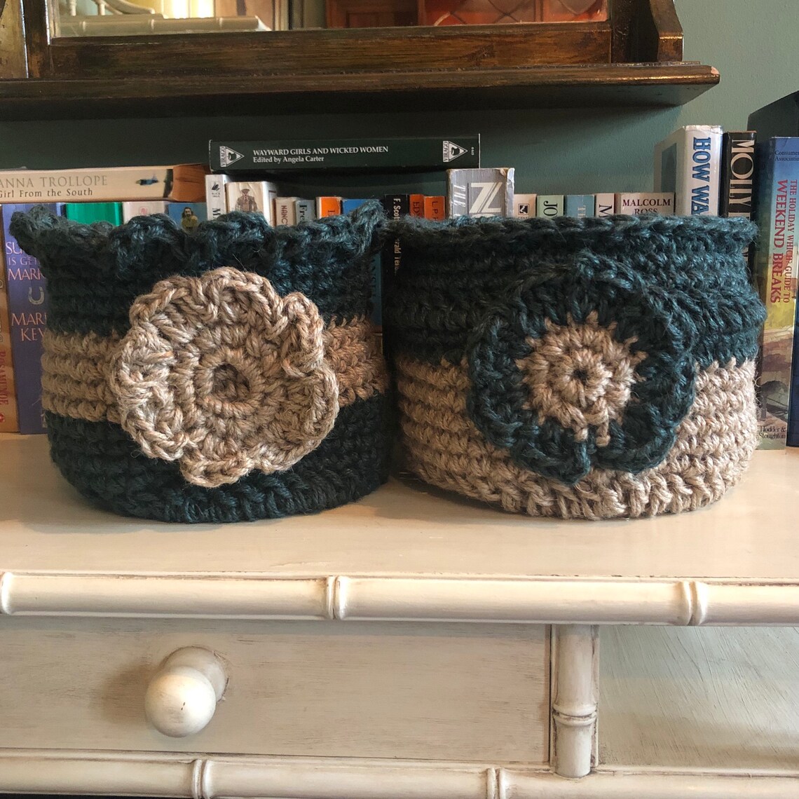 Green Jute Storage Display Basket With Flower Motif Chunky Etsy