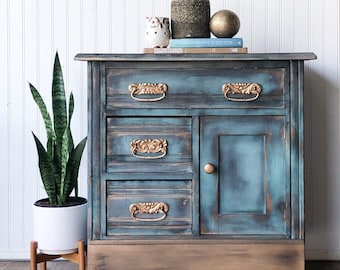 Refinished Denim Blue Washstand Cabinet, Gold Accents, Rolling Bar Cart