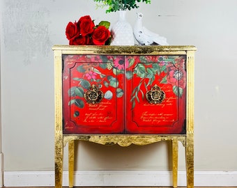 Red and gold accent cabinet, Vintage Record Cabinet, Red Floral Bar Cabinet