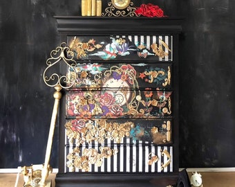 Unique industrial glam furniture Black and white  clock dresser chest storage with floral detail and ornate like moulds