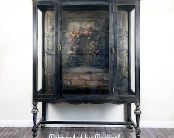 Black display cabinet, Rustic Floral china cabinet, glass door hutch, vintage cabinet with wheels, vintage armoire