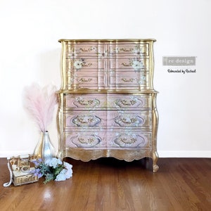 Large Pink Nursery Dresser, Pink Vintage Dresser, French Provincial Highboy Chest, Painted Floral Dresser, 6 Drawer Dresser