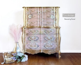 Large Pink Nursery Dresser, Pink Vintage Dresser, French Provincial Highboy Chest, Painted Floral Dresser, 6 Drawer Dresser