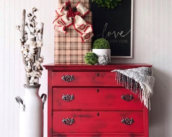 SOLD! Red rustic vintage farmhouse entryway table, coffee bar or accent dresser for entry kitchen or dining area and Christmas Display table