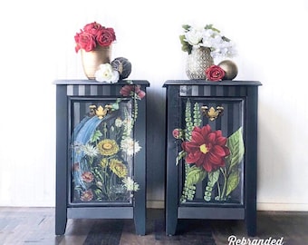 Sold! Unique funky mismatched floral nightstand duo or end tables with pullout cup holder