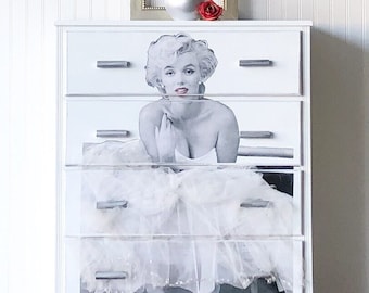 Custom order one of a kind white Marilyn Monroe dresser accent chest with real tulle dress Swarovski crystals and pearls for girls bedroom