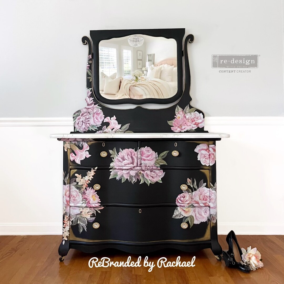 Vintage Black and White Dresser, Dresser With Mirror, Pinstriped Sides