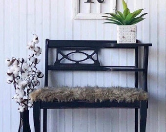 Sold! Black farmhouse vintage gossip bench telephone table with camel color faux fur for entryway bedroom dormroom or office
