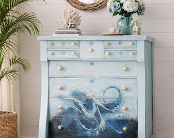 Octopus Dresser | Coastal Statement Furniture | Hand Painted Nautical Chest | Textured Beach Finish | Upcycled Vintage Dresser