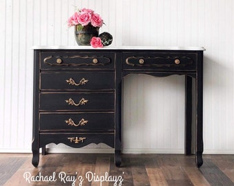 Sold! Item can be made to order!  French Provincial Matte Black vanity or desk with white faux marbelized top for bedroom or office