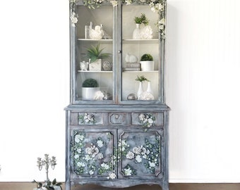 Vintage China Cabinet, grayish-Silver Antique Display Cabinet, Floral Dining Room Hutch