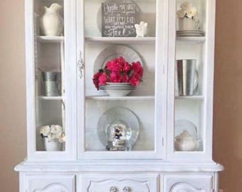 SOLD! Available for custom order. White curvy French Provincial hutch/china cabinet with silver hardware or your color/finish of your choice