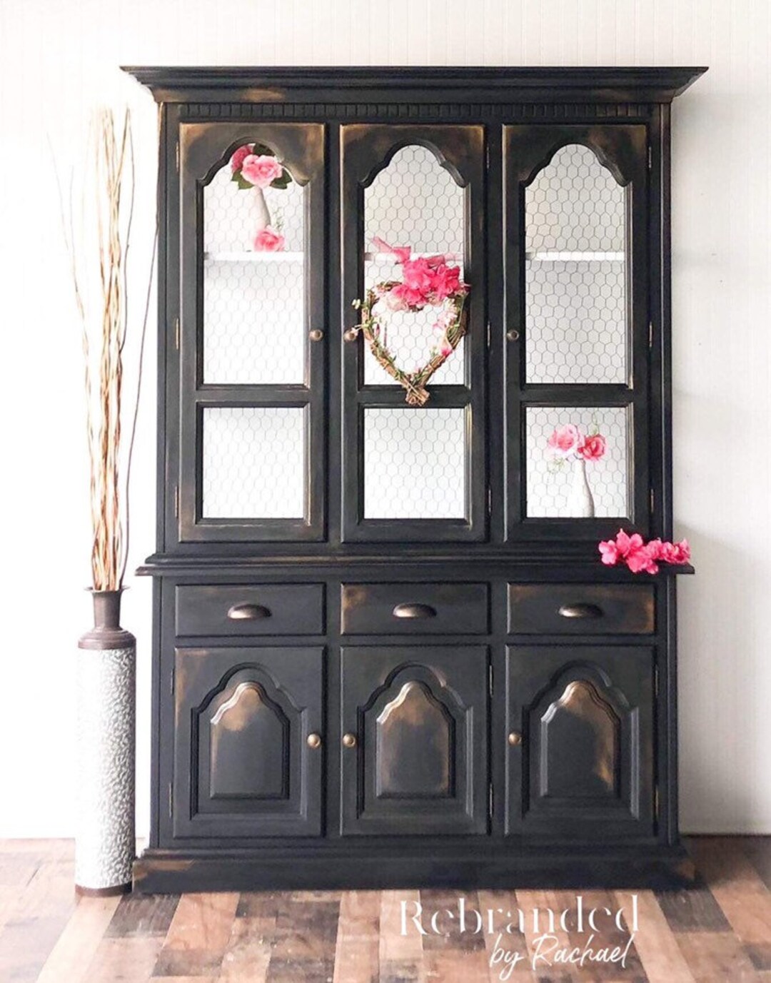 Black Farmhouse Hutch China Cabinet Rustic Breakfront - Etsy
