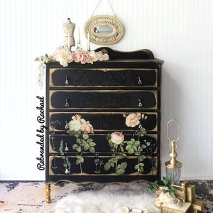 Sold! Do not order . Antique Black Floral Dresser, Vintage Roses Rustic Chest, Country Farmhouse Dresser, Five Drawer Bedroom Dresser,