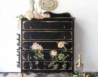 Sold! Do not order . Antique Black Floral Dresser, Vintage Roses Rustic Chest, Country Farmhouse Dresser, Five Drawer Bedroom Dresser,