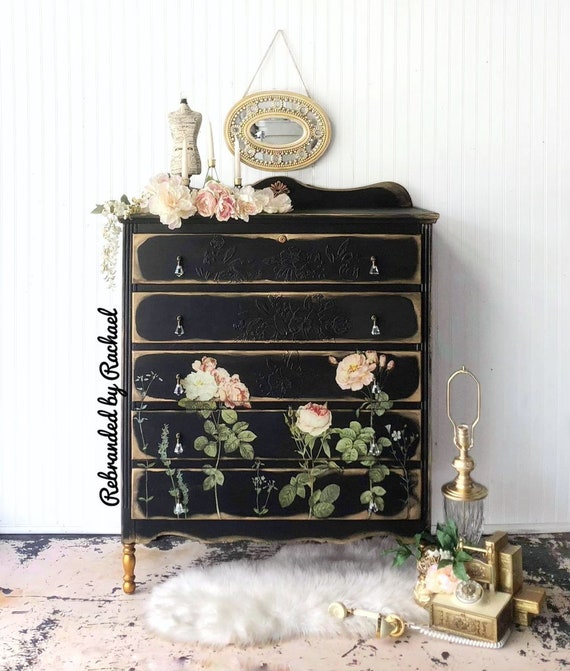 Sold! Do not order . Antique Black Floral Dresser, Vintage Roses Rustic Chest, Country Farmhouse Dresser, Five Drawer Bedroom Dresser,