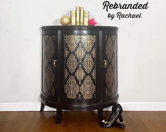 Modern Bar Cart, Gold and Black Bar Cabinet, Modern Accent Table, Demi-Lune Gameroom Bar Table