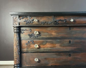 Refinished Antique Dresser, Claw Foot Chest, Crystal Hardware, Black Wood Tones