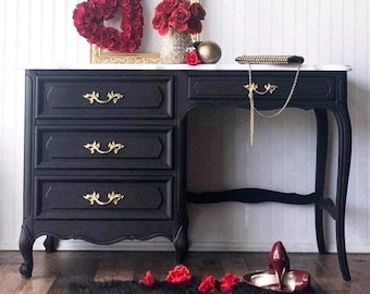 Sold! This can be custom made!! Black French Provincial desk or vanity with faux marble top and black and white striped sides for bedroom