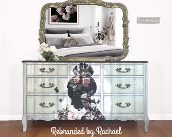 Green Dresser Set, French Provincial Bedroom, Floral Nine Drawer Dresser