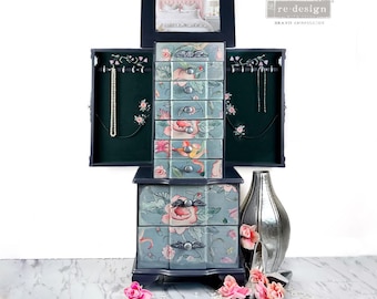 Jewelry Armoire, jewelry storage cabinet with mirror, navy and white floral jewelry holder