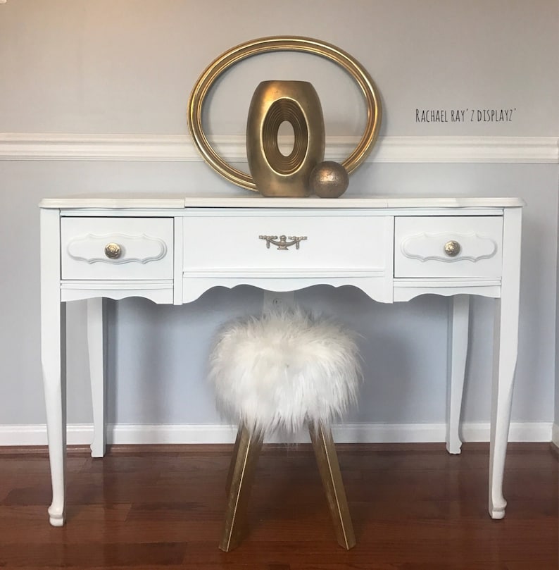Sold Girl S Funky White French Provincial Vanity Makeup Table Desk Entryway With Gold And Faux Fur Stool