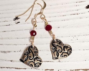 Vintage-Inspired Elegance: Ruby-Red Faceted Glass & Bronze Heart Earrings   Boho-hippie, lightweight earrings, heart jewelry