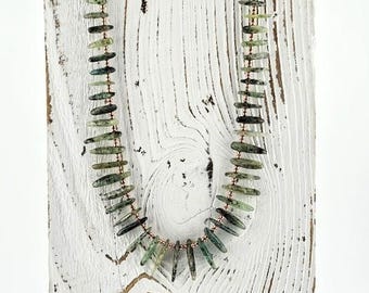 Handmade Green Quartz Stick Necklace with Copper Spacers and Handmade Copper Clasp – Earthy Layering Necklace
