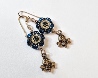 Sweet Bronze Honey Bee and Czech Glass Flower Earrings ; bee jewelry; dangle earrings; whimsical jewelry