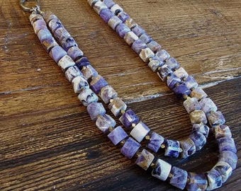 Handmade Dogtooth Amethyst Necklace – Double Strand Gemstone Jewelry with Bronze & Brass – Boho Statement Necklace
