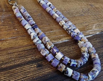 Handmade Dogtooth Amethyst Necklace – Double Strand Gemstone Jewelry with Bronze & Brass – Boho Statement Necklace