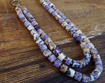 Handmade Dogtooth Amethyst Necklace – Double Strand Gemstone Jewelry with Bronze & Brass – Boho Statement Necklace