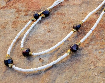 Rough Garnet Pebble and White African Seed Bead Necklace, recycled glass, layered necklace, Jan. birthstone