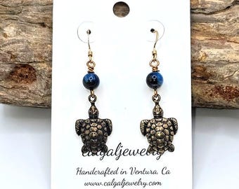 Bronze Turtle Earrings with Dark Blue Kyanite        Beachy Boho Jewelry, Ocean Inspired Earrings |