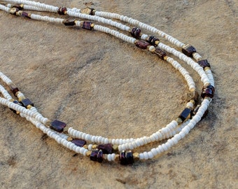 Triple Strand Garnet and White African Seed Bead Necklace, recycled glass, layered necklace, Jan. birthstone
