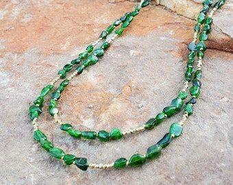 Handmade Green Diopside Necklace, 72 Inches, with Brass Beads & Bronze Clasp;  Nature Lover Jewelry; natural gemstone