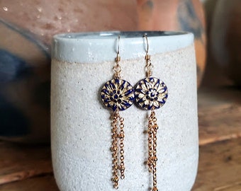 Indigo and Gold Dahlia Earrings; Czech Glass, sophisticated, dressy, casual, flower