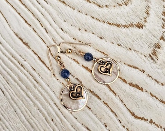 Layered Capiz Shell & Bronze Heart Earrings with Kyanite Accents  Boho-chic jewelry, lightweight earrings, handcrafted earrings