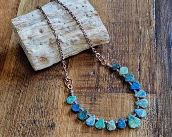 Handcrafted Graduated Chrysocolla & Matte Lapis Necklace with Copper Accents   Statement Necklace, Boho Chic Jewelry, Gemstone Jewelry