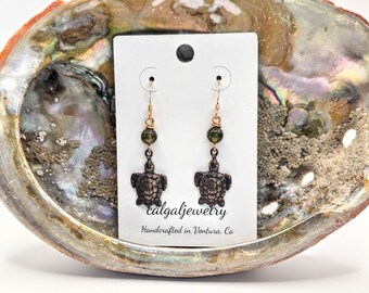 Bronze Turtle Earrings with Green Garnet      Beachy Boho Jewelry, Ocean Inspired, Green Gemstone
