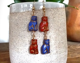 Cool "Unidentical Twin" Czech Glass Cat Earrings, gold filled nickel free ear wires, boho-hippie, gift for cat lover.