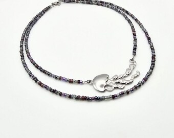 Handcrafted Plum Double Strand Czech Glass Bead Necklace with  Steel Jellyfish Pendant – Ocean and Beach Jewelry, Boho Hippie, Purple beads