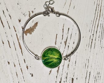 Handmade Adjustable Stainless Steel Bangle Bracelet with Green and Gold Acrylic Pour Cabochon, Unique Handmade Jewelry, Unique Gift
