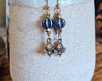 Sweet Bronze Bee Charm & Blue Czech Glass Earrings  Boho-Hippie, Gift for Her, Dangle Earrings
