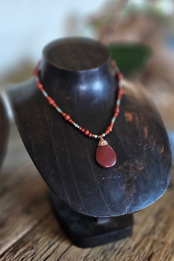 Red Jasper Pendant Necklace W/turquoise Copper Accents