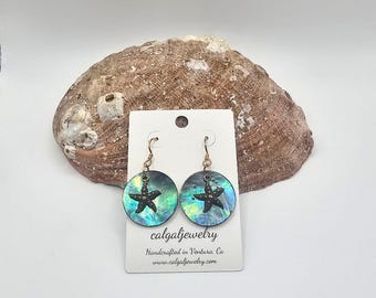Abalone Shell Earrings with Bronze Starfish, Boho Beach Dangle, Coastal Handmade Jewelry