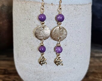 Gold Bronze Textured Disc Earrings with Phosphosiderite Beads and Artisan Flower Charms  Dangle Earrings; Long Earrings:  Gift for Her