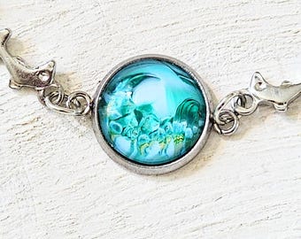 Original Handmade Aqua Gold Fluid Art Bracelet – Dolphin Link Stainless Steel Chain; adjustable bracelet