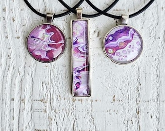 Handmade Fluid Art Pendant set in Stainless Steel  Art Deco; One of A Kind;  Wearable Art;