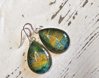 Teal and Gold Teardrop Fluid Art Earrings    stainless steel jewelry, wearable art; contemporary jewelry/earrings